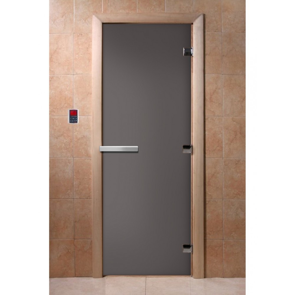 Дверь стеклянная DoorWood 800*2000 "Затмение" стекло графит матовый 8 мм, коробка ольха, ручка алюминий/дерево